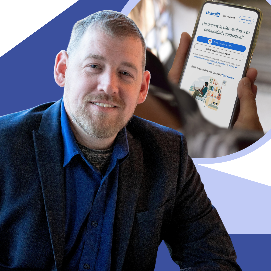 Jamie McAnsh smiling in a suit with a LinkedIn login screen in the background, representing LinkedHelper for speaking and consultancy brand growth