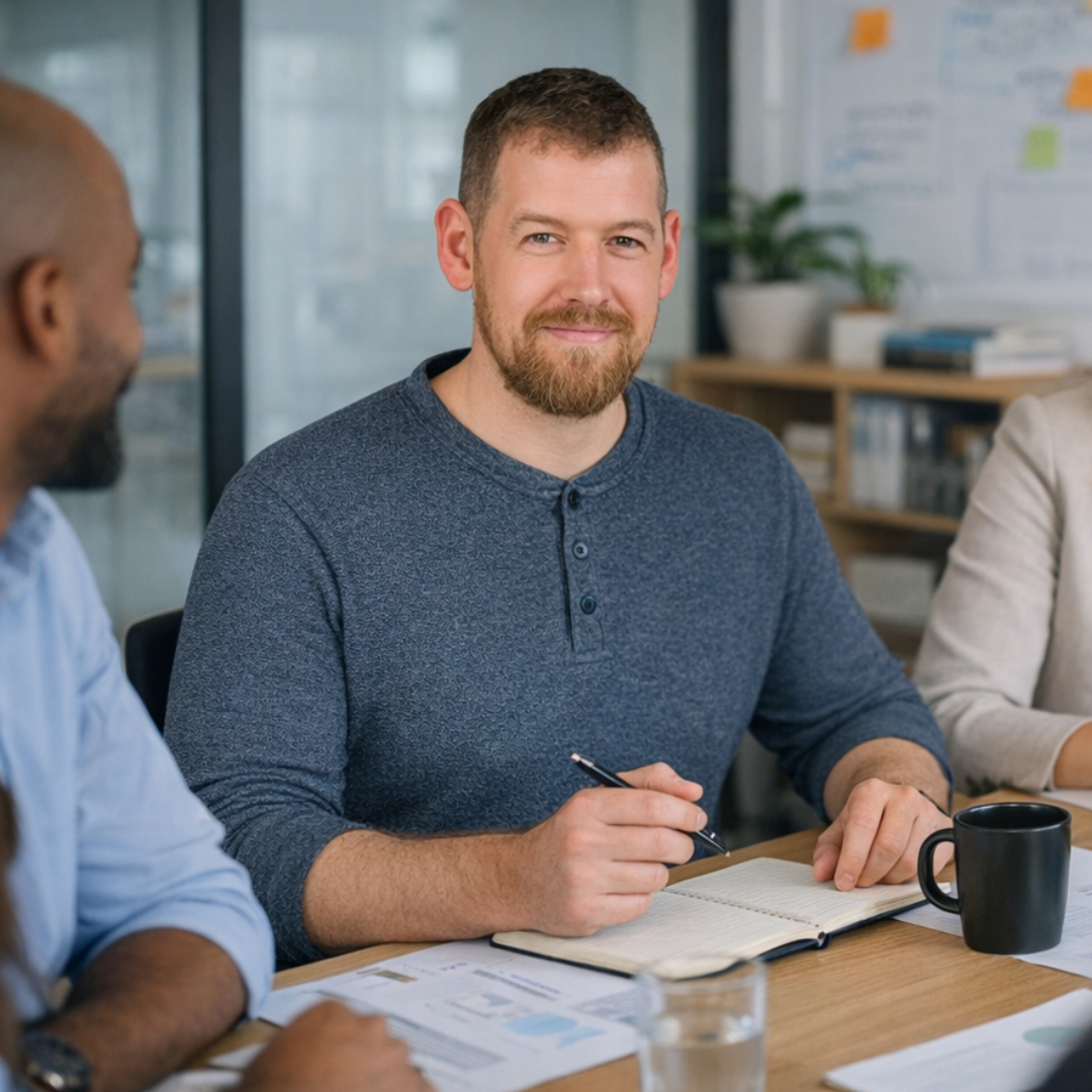 Jamie McAnsh seated at a table during a workplace discussion, taking notes while engaging with colleagues