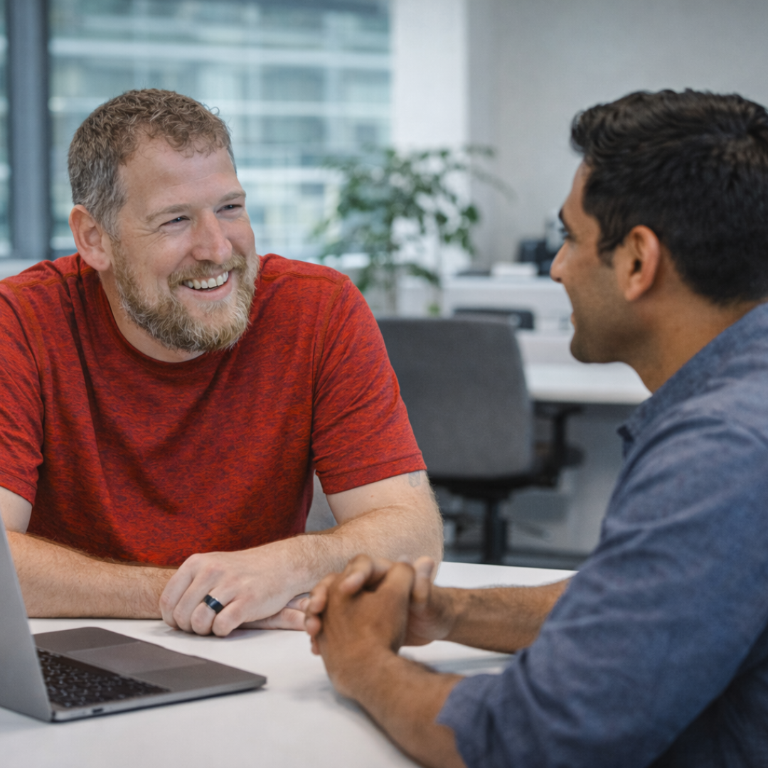 Jamie McAnsh smiling while speaking with a colleague during a one to one workplace conversation
