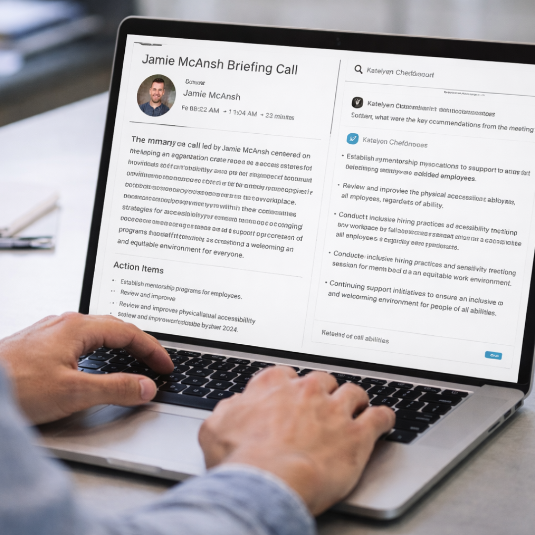 AI meeting transcription displayed on laptop demonstrating inclusive technologies for accessible workplace communication
