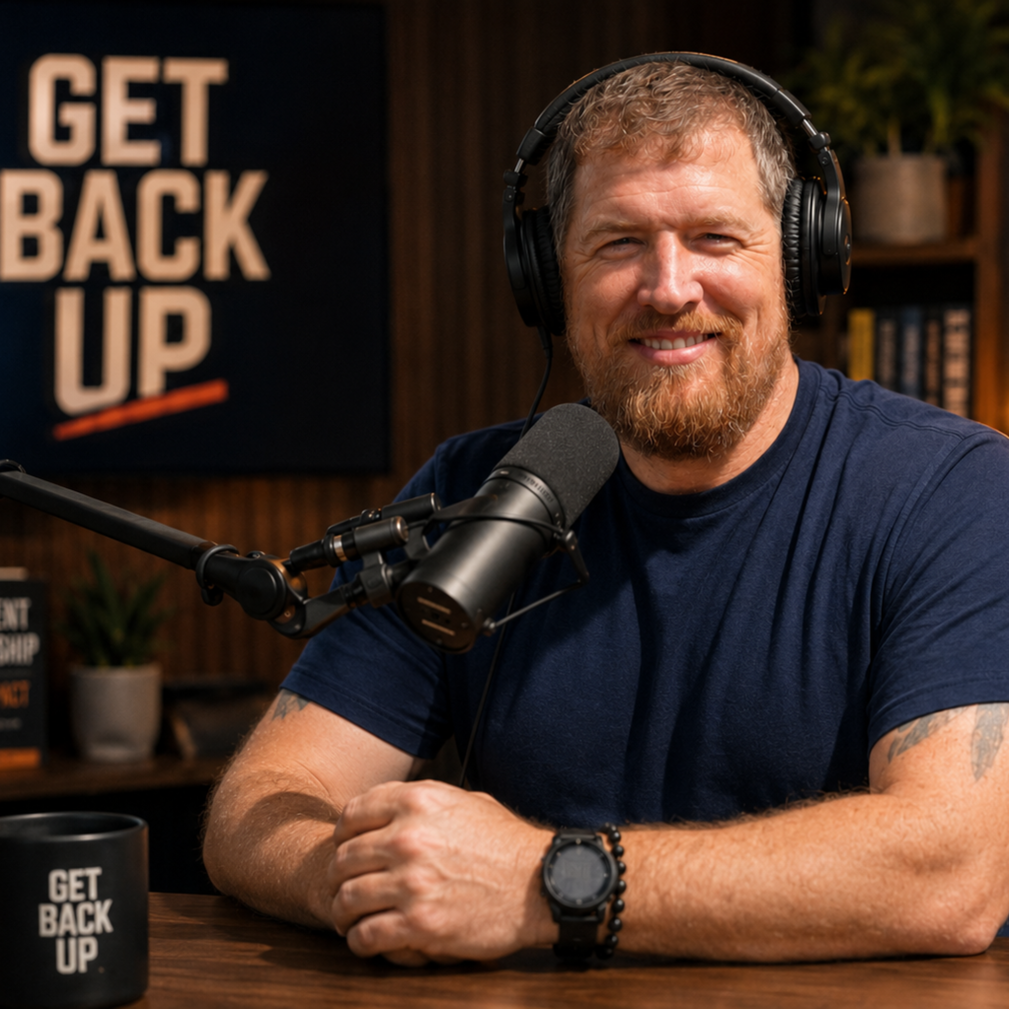 Jamie McAnsh sitting in a professional podcast recording studio wearing headphones and a dark blue shirt, speaking into a microphone with a blurred “Get Back Up” sign in the background.